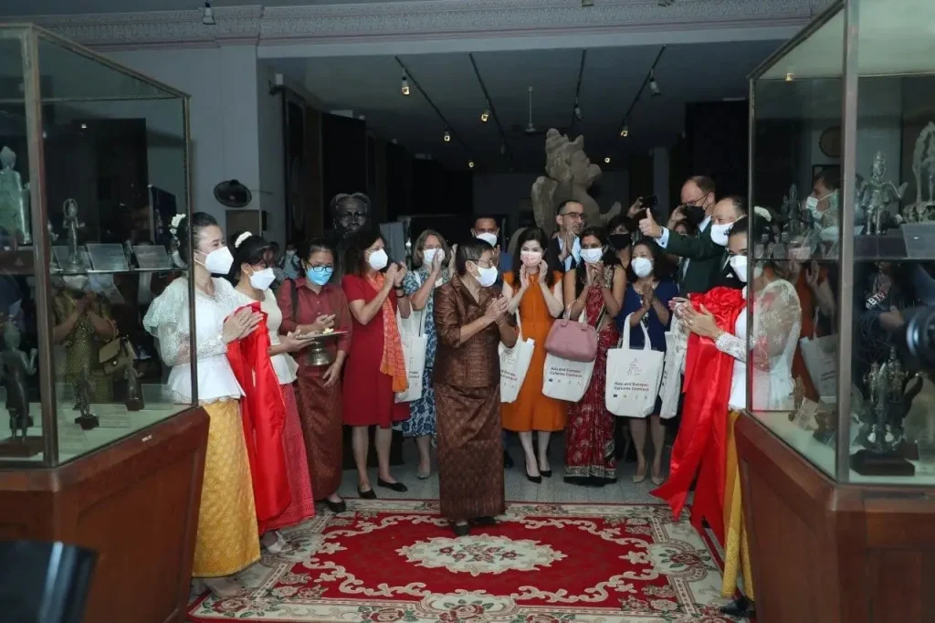 Her Excellency Dr Phoeurng Sackona, Minister of Culture and Fine Arts of Cambodia, at the opening of the ASEM Cultural Festival 2021 exhibitions at the National Museum of Cambodia. © Ministry of Culture and Fine Arts, Cambodia