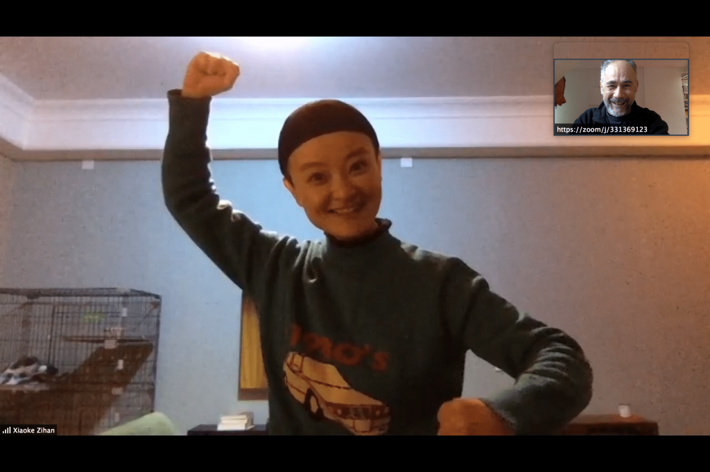 Jérôme Bel and Xiao Ke during devising stage of 'Xiao Ke', via video conference © R.B. Jérôme Bel